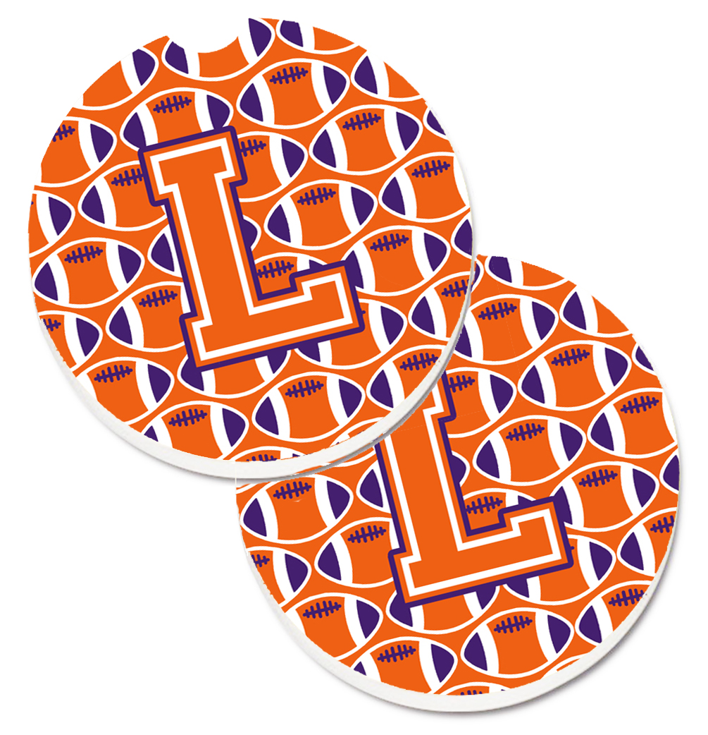 CJ1072-LCARC Letter L Football Orange with White & Regalia Set of 2 Cup Holder Car Coaster