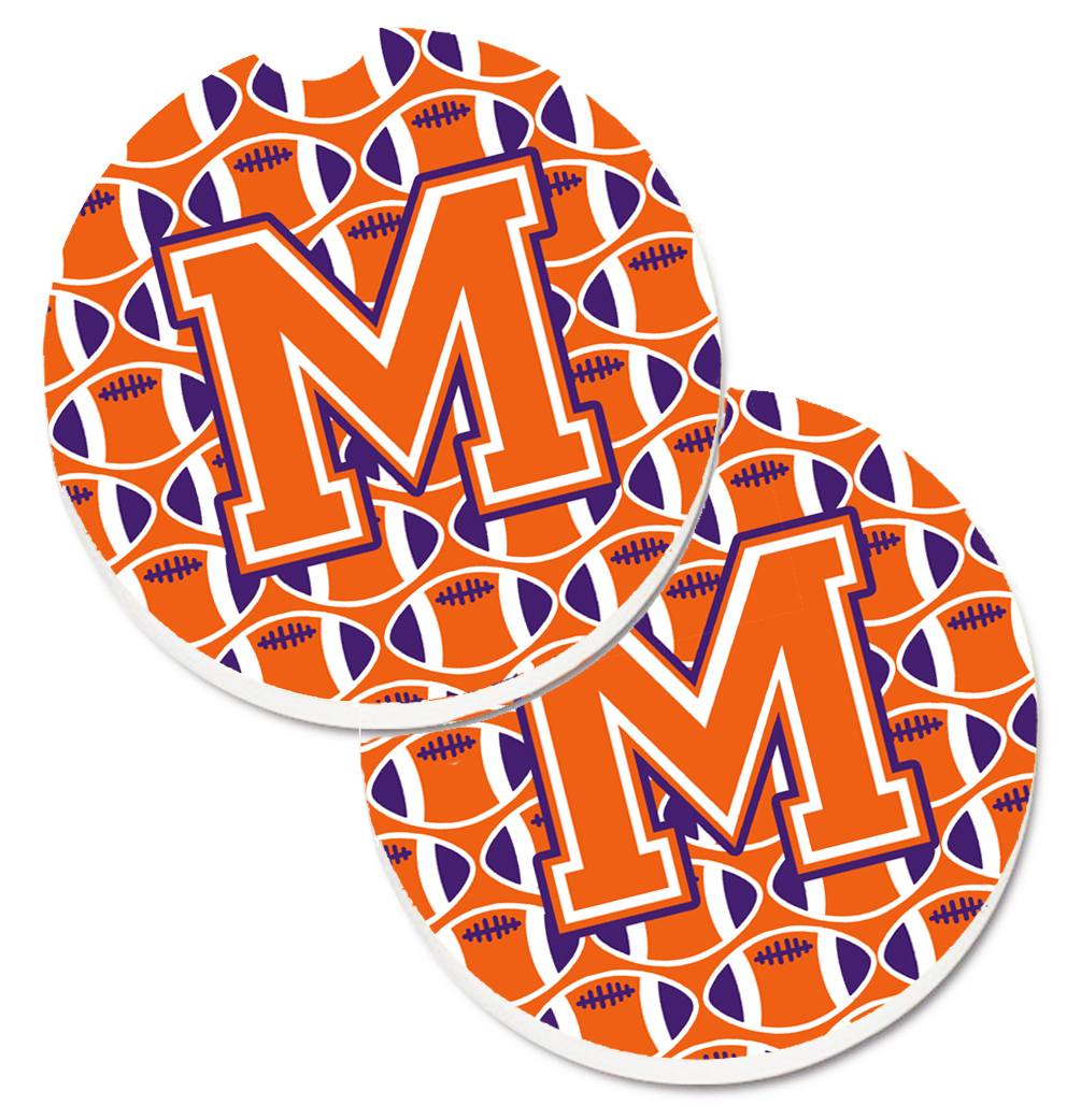 CJ1072-MCARC Letter M Football Orange with White & Regalia Set of 2 Cup Holder Car Coaster