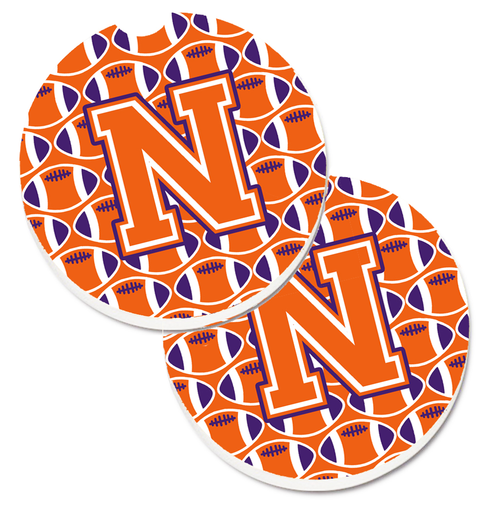 CJ1072-NCARC Letter N Football Orange with White & Regalia Set of 2 Cup Holder Car Coaster