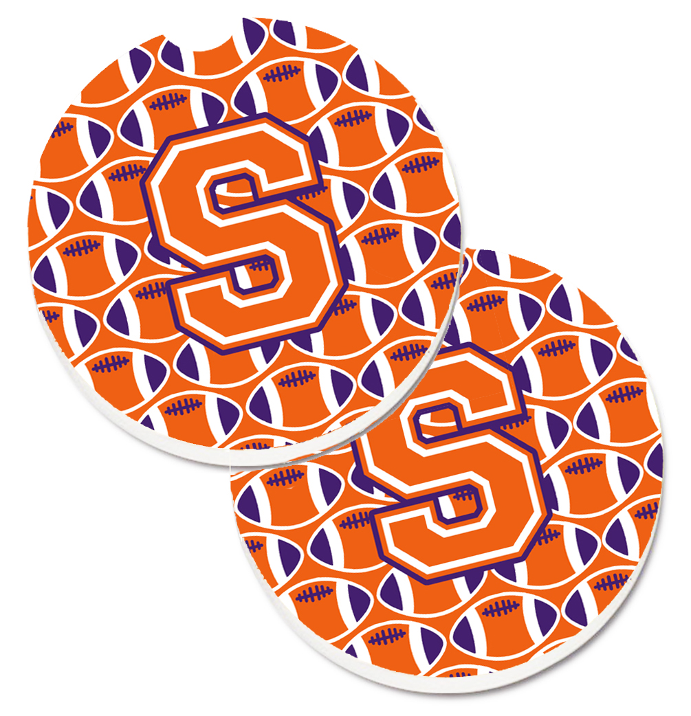 CJ1072-SCARC Letter S Football Orange with White & Regalia Set of 2 Cup Holder Car Coaster