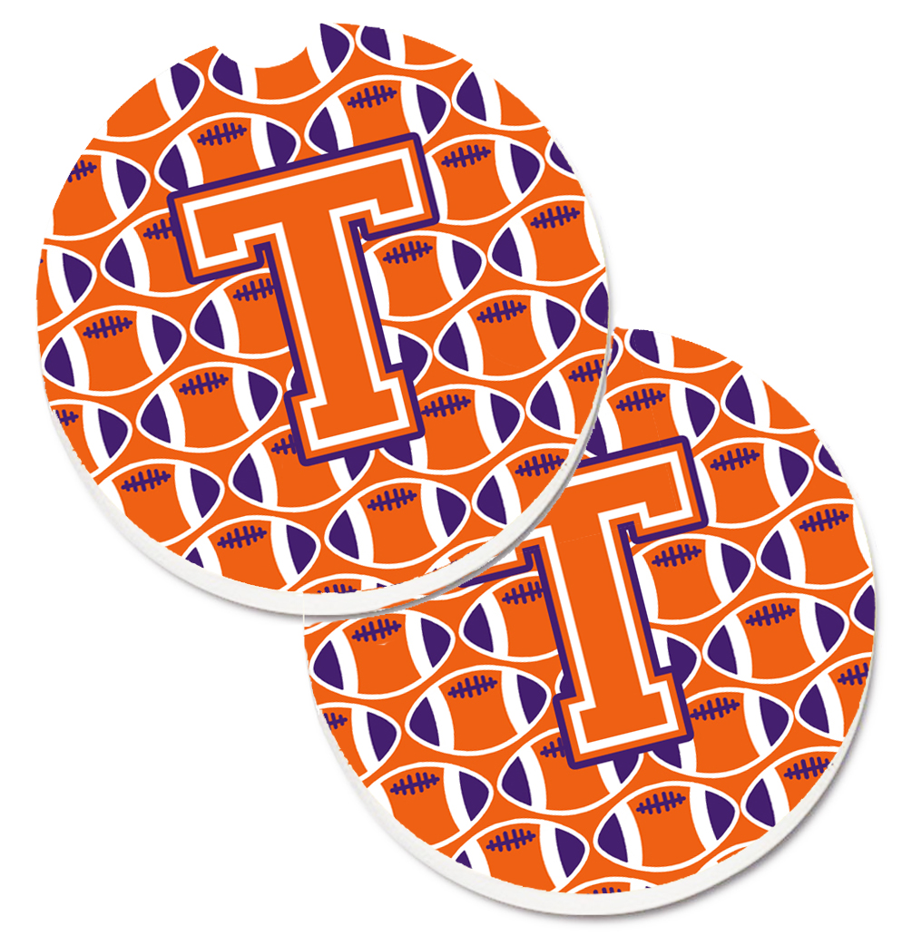 CJ1072-TCARC Letter T Football Orange with White & Regalia Set of 2 Cup Holder Car Coaster