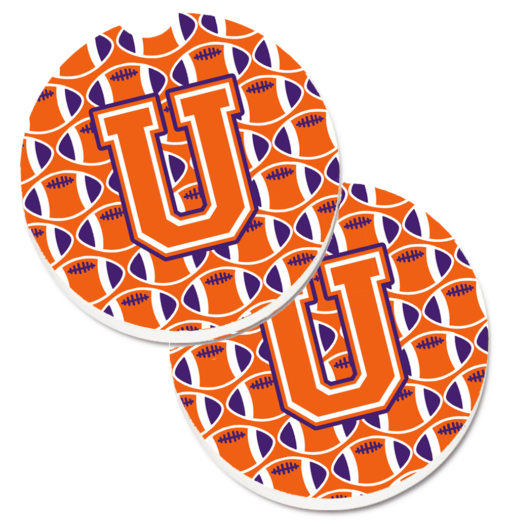 CJ1072-UCARC Letter U Football Orange with White & Regalia Set of 2 Cup Holder Car Coaster