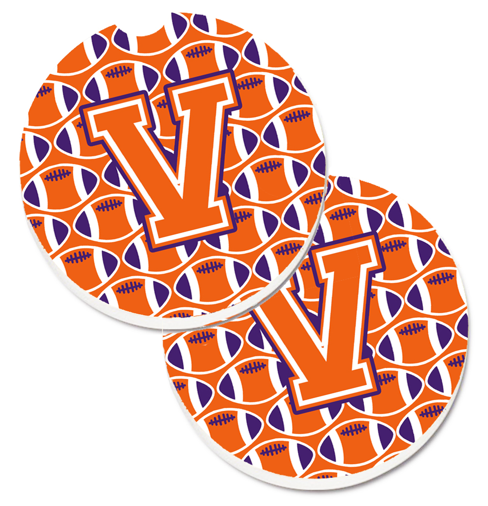 CJ1072-VCARC Letter V Football Orange with White & Regalia Set of 2 Cup Holder Car Coaster