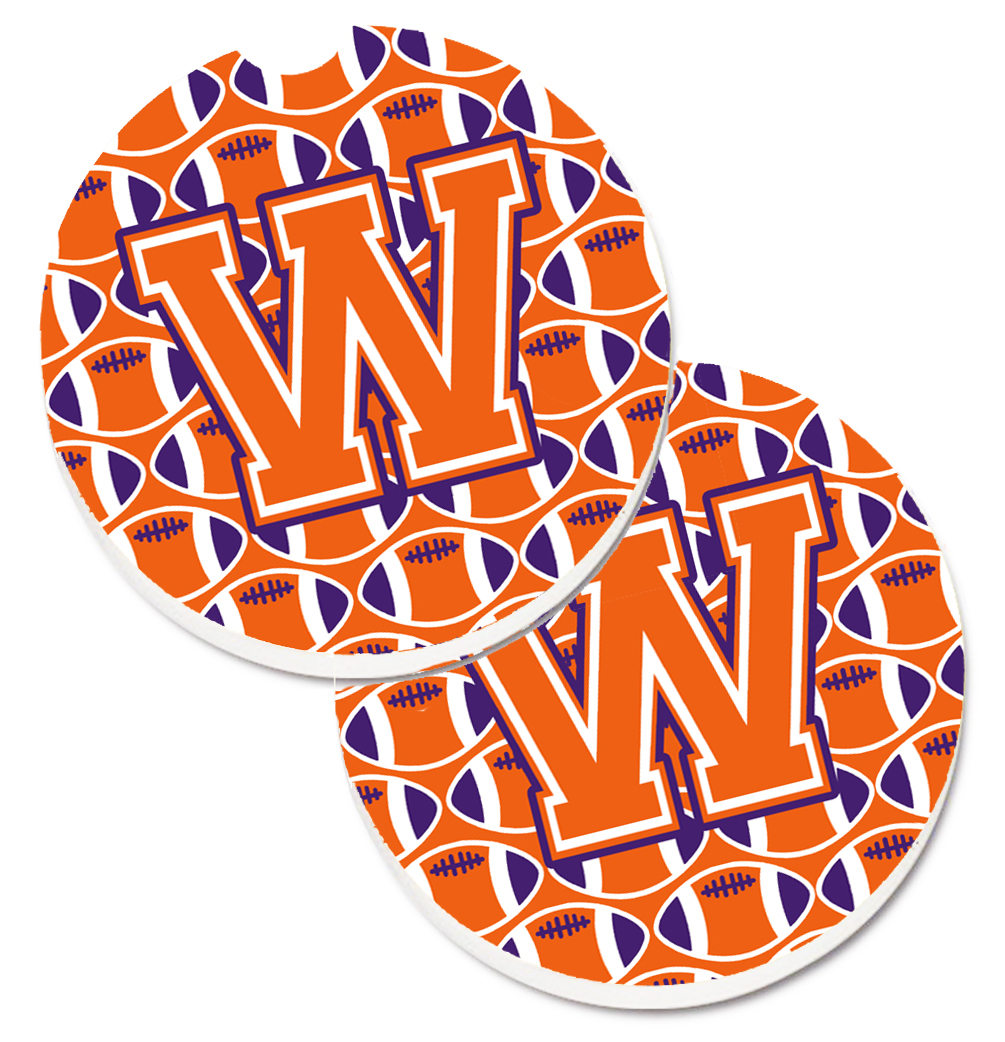 CJ1072-WCARC Letter W Football Orange with White & Regalia Set of 2 Cup Holder Car Coaster