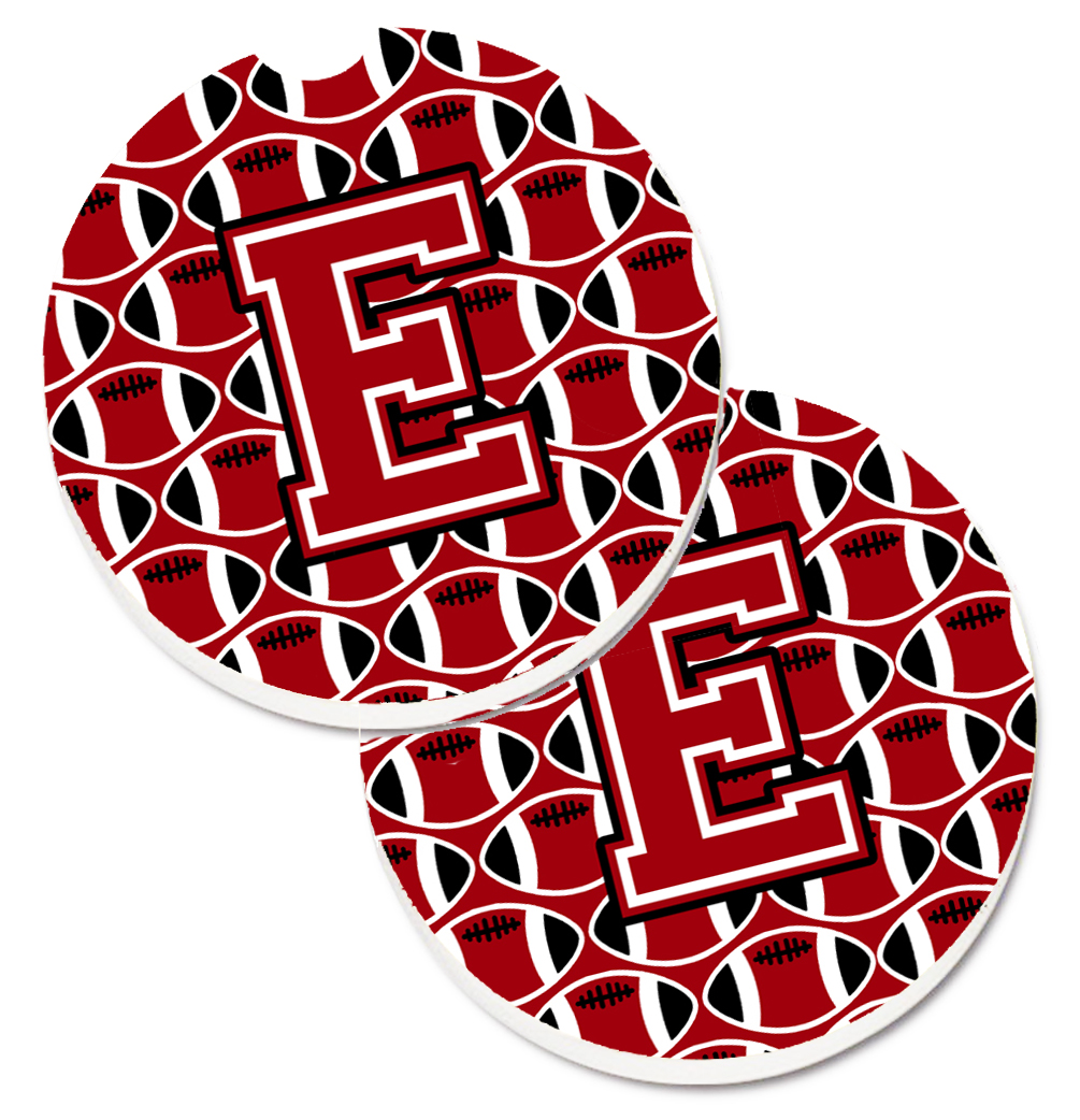 CJ1073-ECARC Letter E Football Red with Black & White Set of 2 Cup Holder Car Coaster