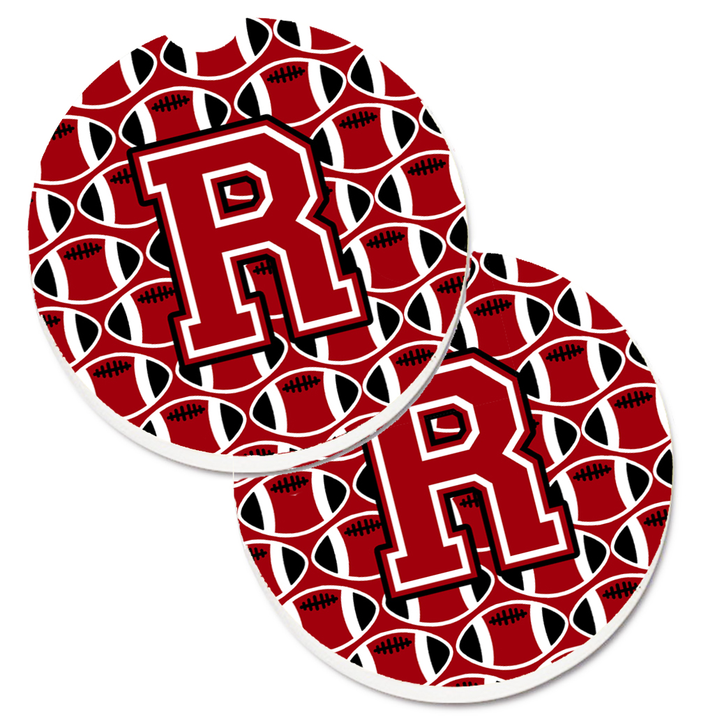 CJ1073-RCARC Letter R Football Red with Black & White Set of 2 Cup Holder Car Coaster