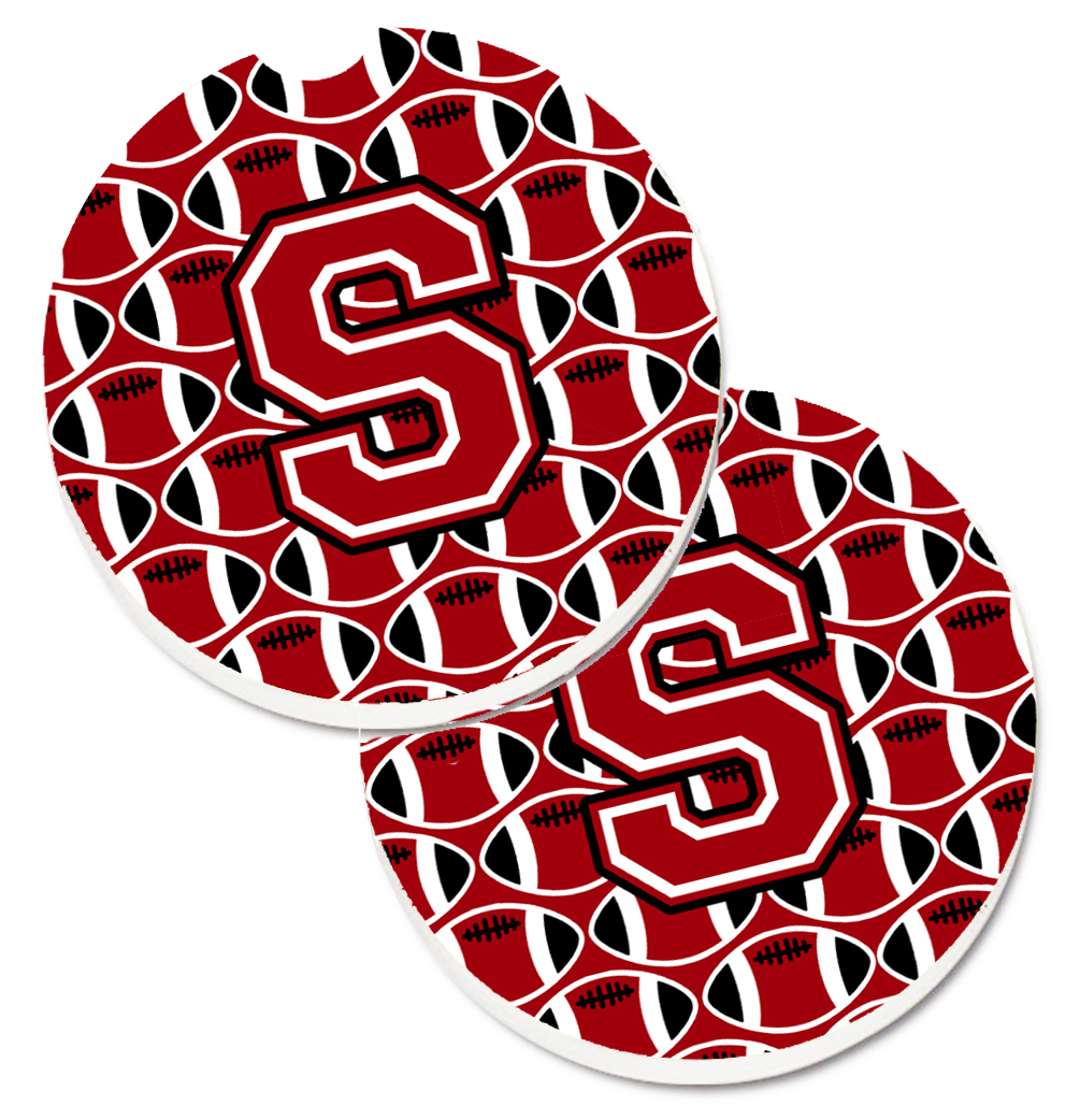 CJ1073-SCARC Letter S Football Red with Black & White Set of 2 Cup Holder Car Coaster
