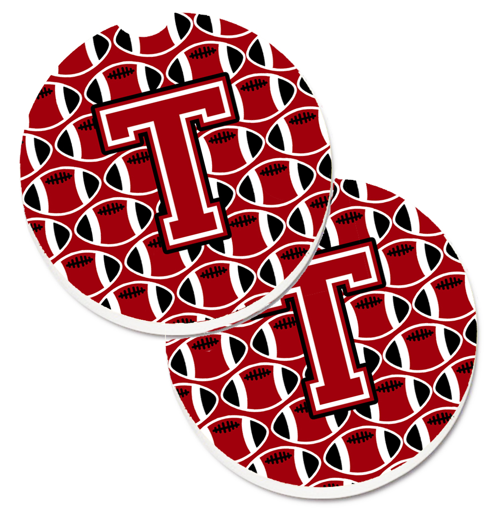 CJ1073-TCARC Letter T Football Red with Black & White Set of 2 Cup Holder Car Coaster