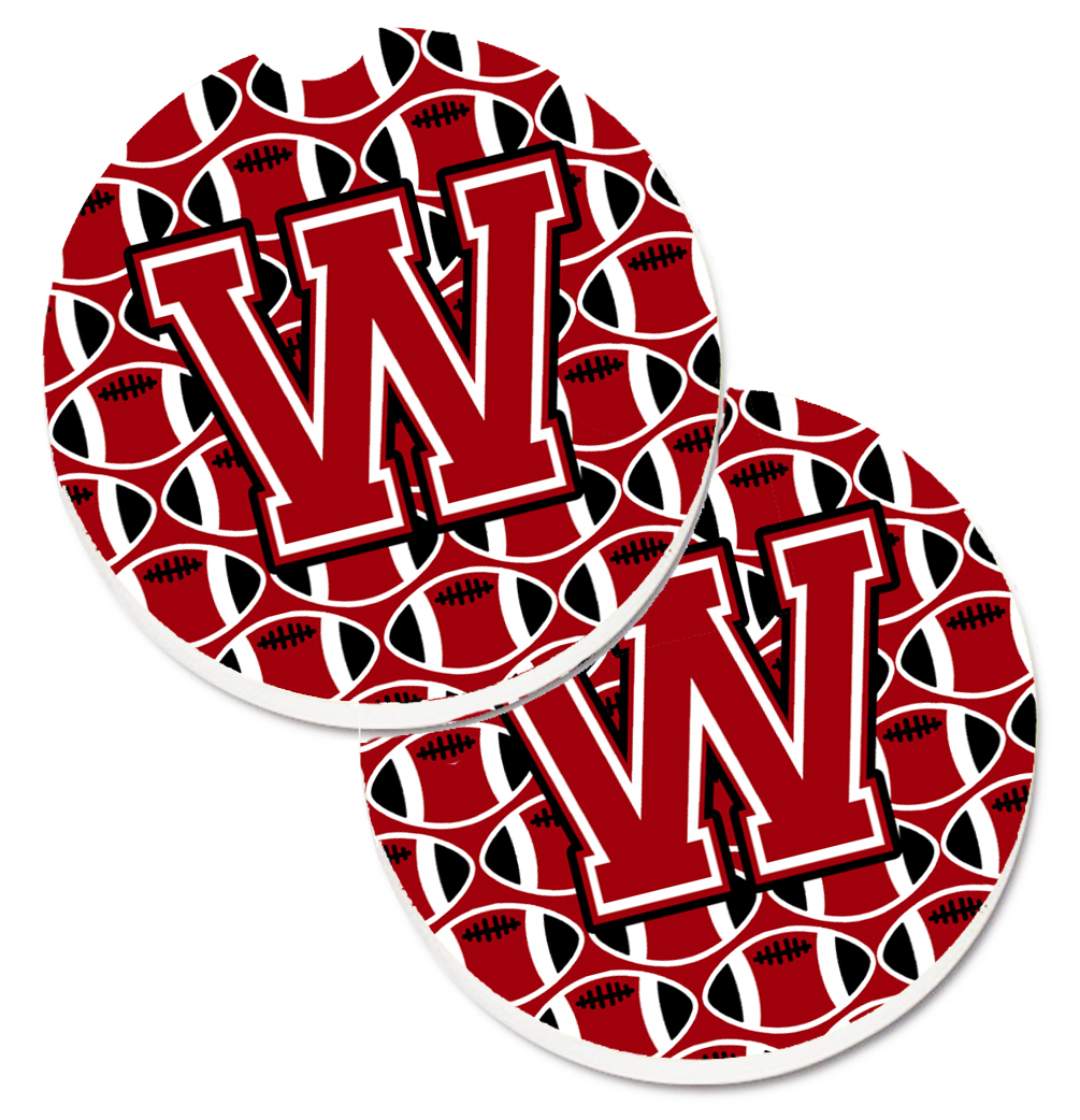 CJ1073-WCARC Letter W Football Red with Black & White Set of 2 Cup Holder Car Coaster