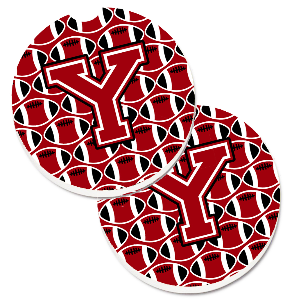 CJ1073-YCARC Letter Y Football Red with Black & White Set of 2 Cup Holder Car Coaster
