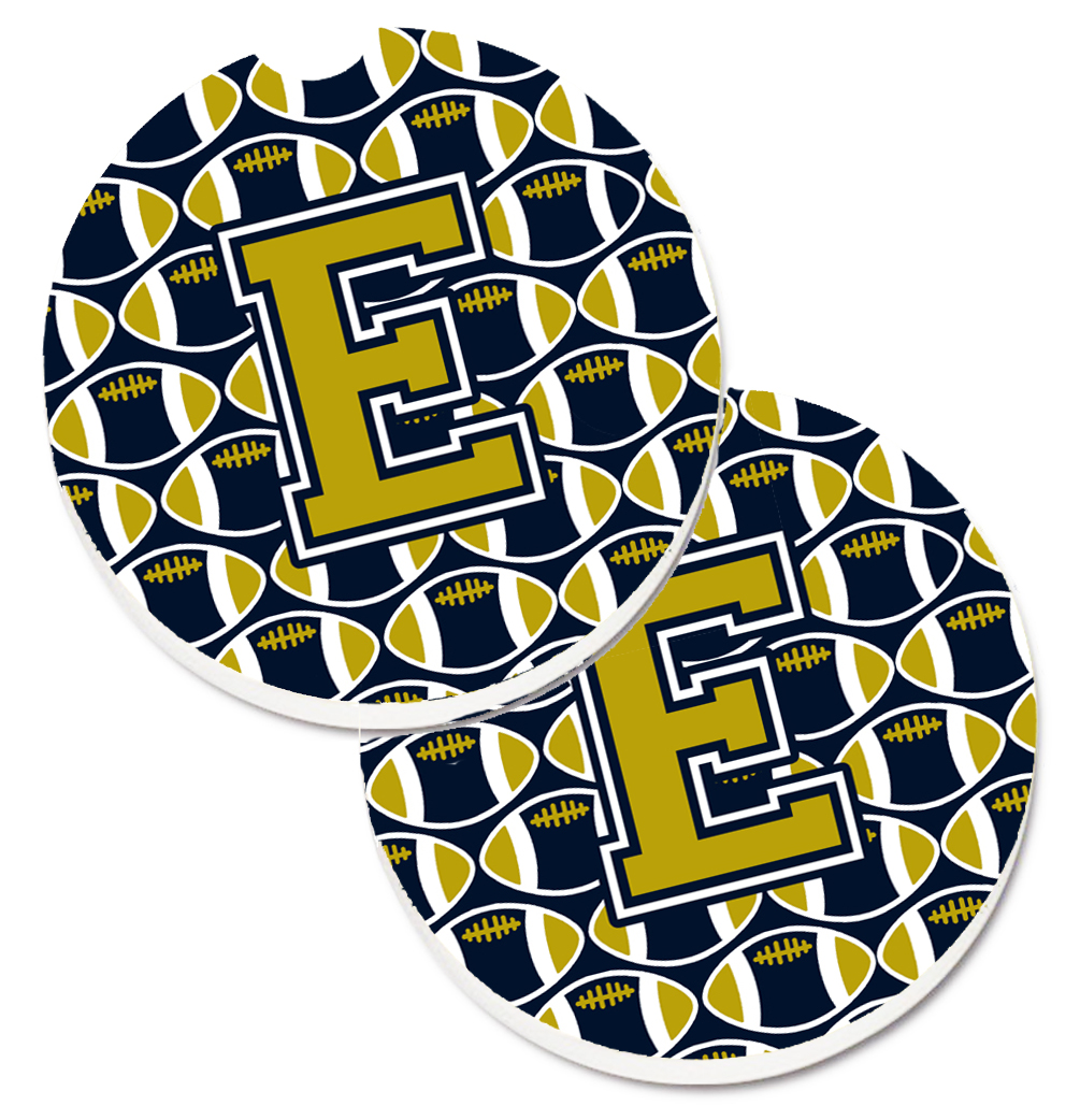CJ1074-ECARC Letter E Football Blue & Gold Set of 2 Cup Holder Car Coaster