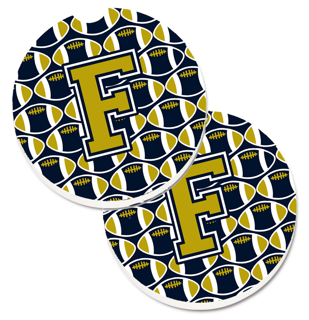 CJ1074-FCARC Letter F Football Blue & Gold Set of 2 Cup Holder Car Coaster