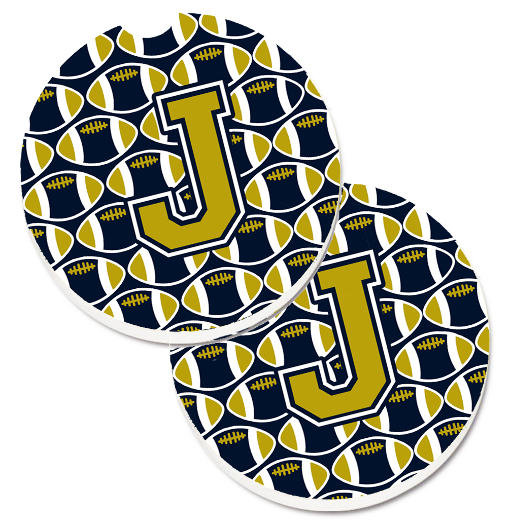 CJ1074-JCARC Letter J Football Blue & Gold Set of 2 Cup Holder Car Coaster