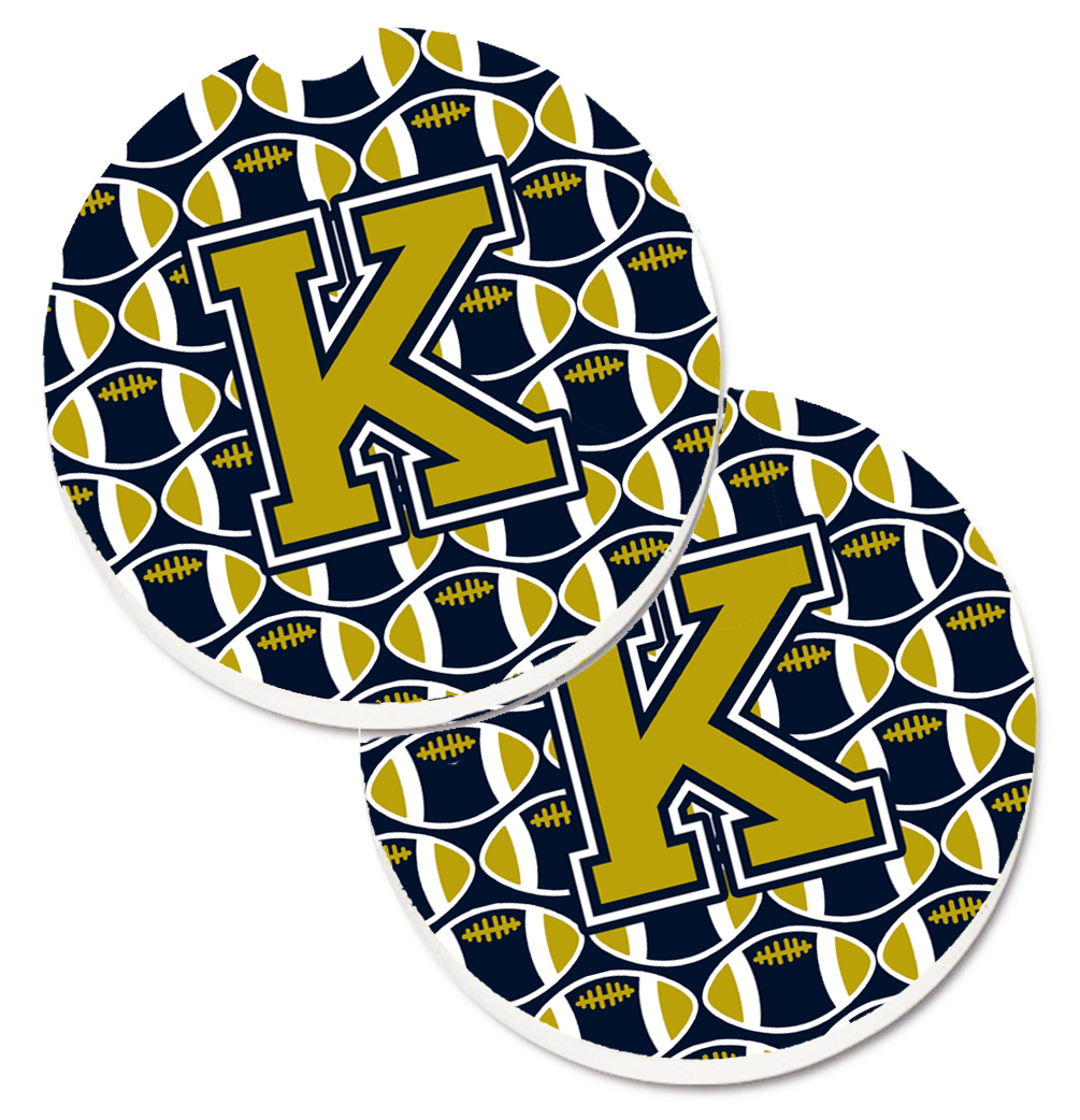 CJ1074-KCARC Letter K Football Blue & Gold Set of 2 Cup Holder Car Coaster