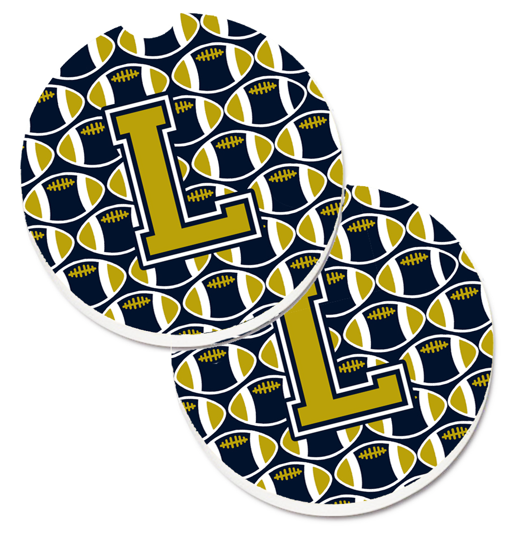 CJ1074-LCARC Letter L Football Blue & Gold Set of 2 Cup Holder Car Coaster