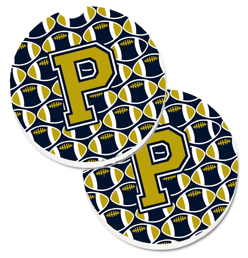 CJ1074-PCARC Letter P Football Blue & Gold Set of 2 Cup Holder Car Coaster