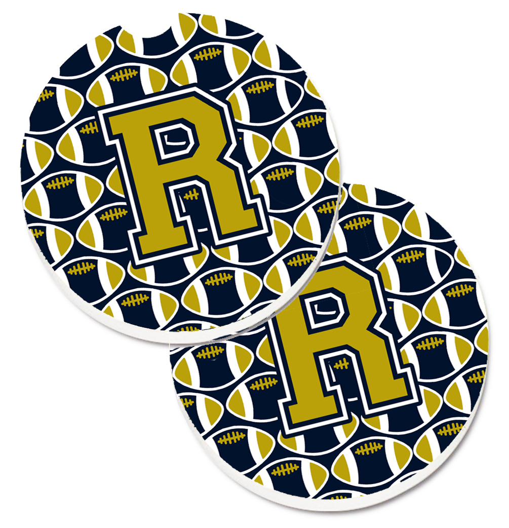 CJ1074-RCARC Letter R Football Blue & Gold Set of 2 Cup Holder Car Coaster