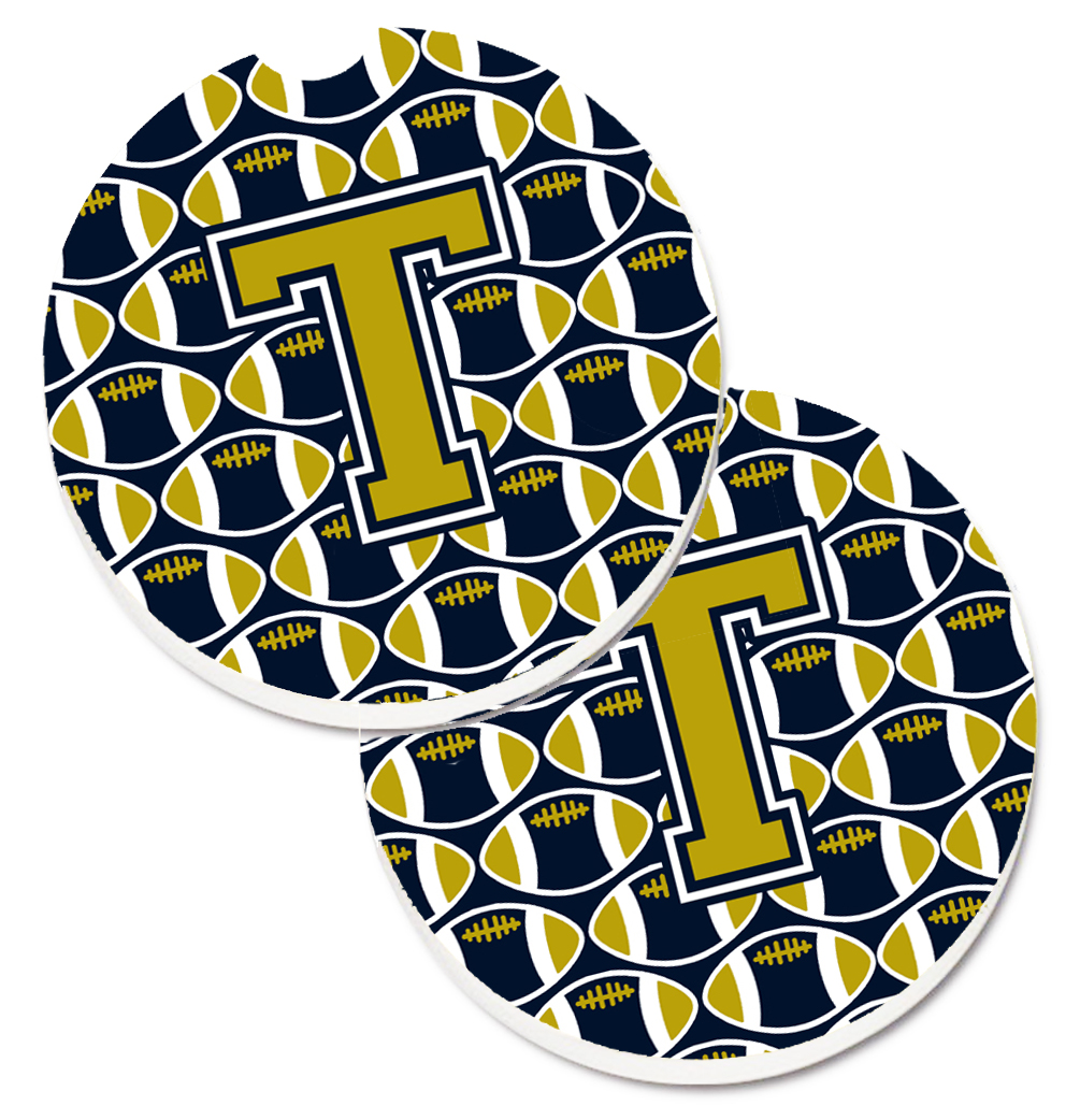 CJ1074-TCARC Letter T Football Blue & Gold Set of 2 Cup Holder Car Coaster