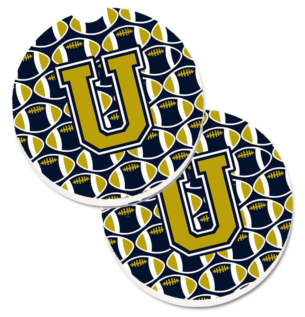 CJ1074-UCARC Letter U Football Blue & Gold Set of 2 Cup Holder Car Coaster