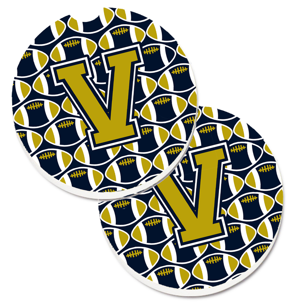 CJ1074-VCARC Letter V Football Blue & Gold Set of 2 Cup Holder Car Coaster