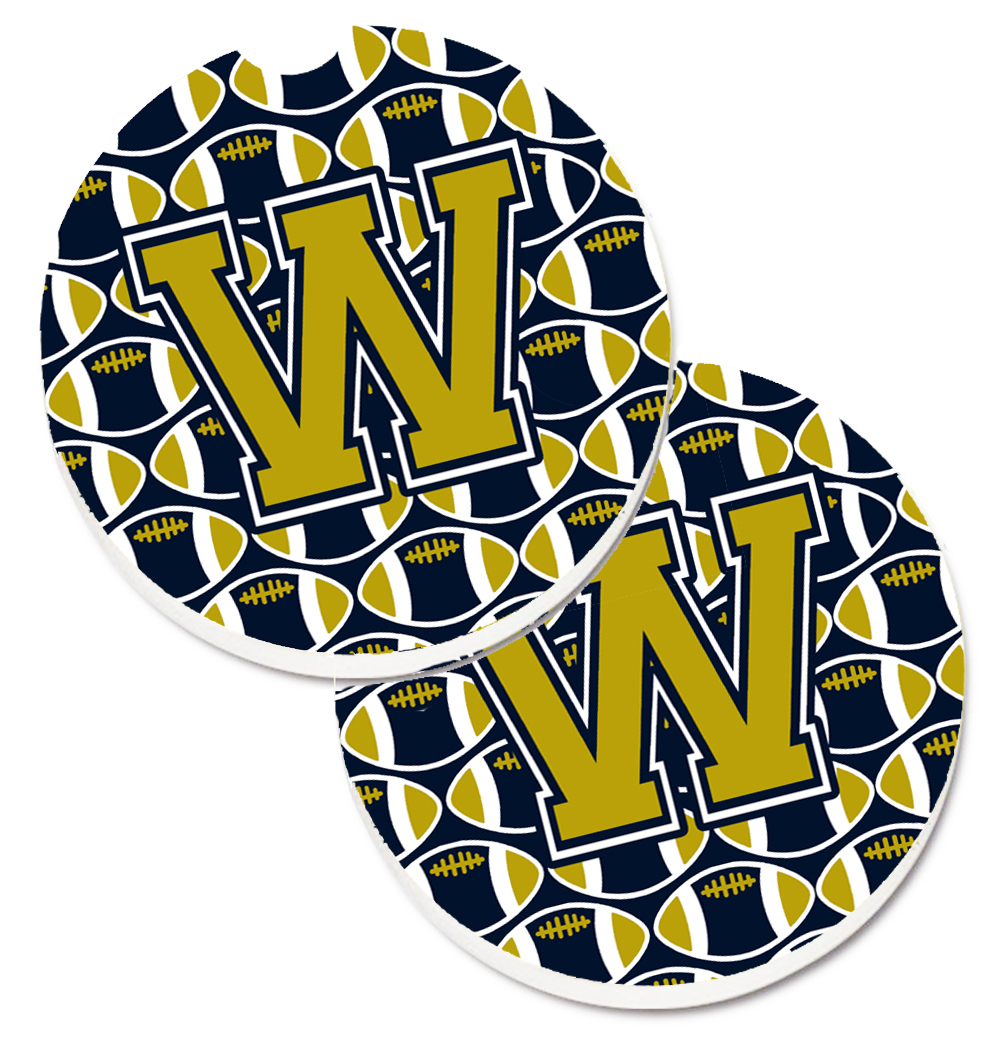 CJ1074-WCARC Letter W Football Blue & Gold Set of 2 Cup Holder Car Coaster