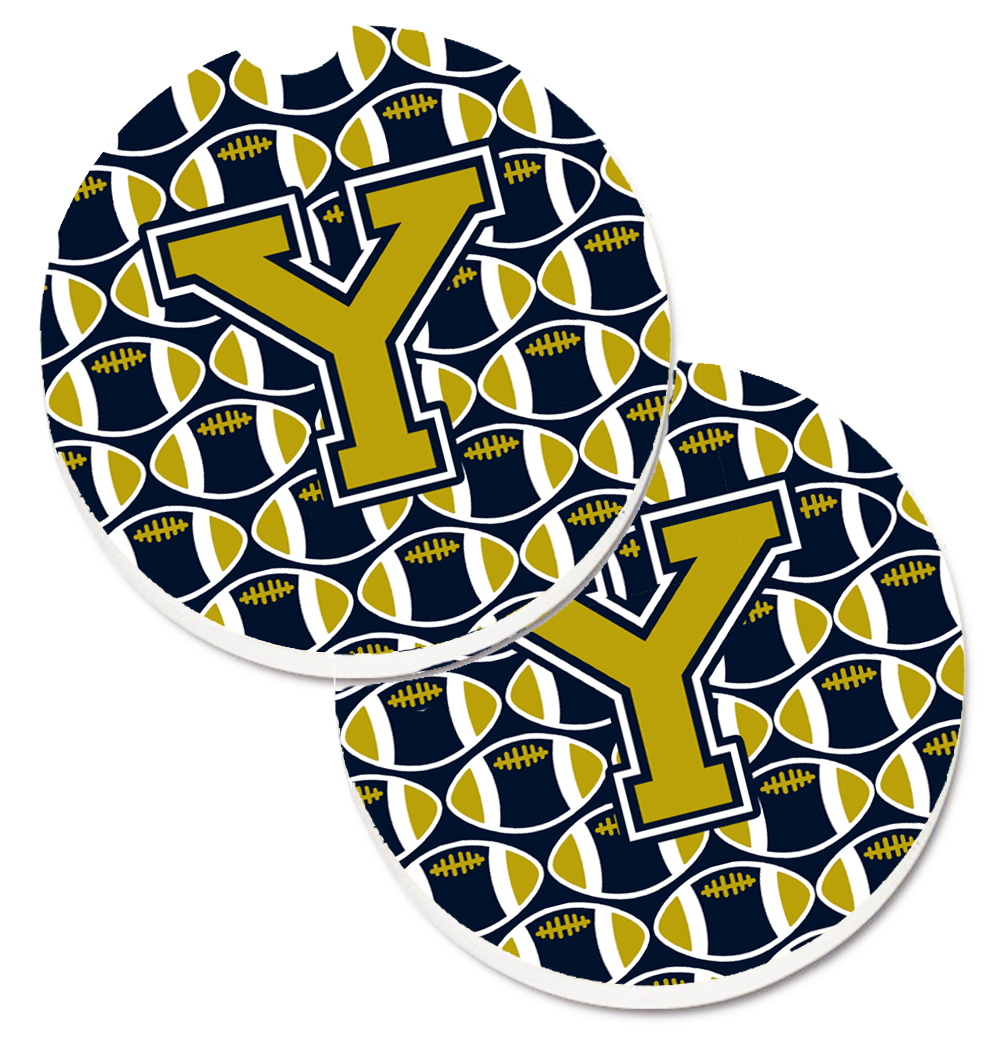 CJ1074-YCARC Letter Y Football Blue & Gold Set of 2 Cup Holder Car Coaster