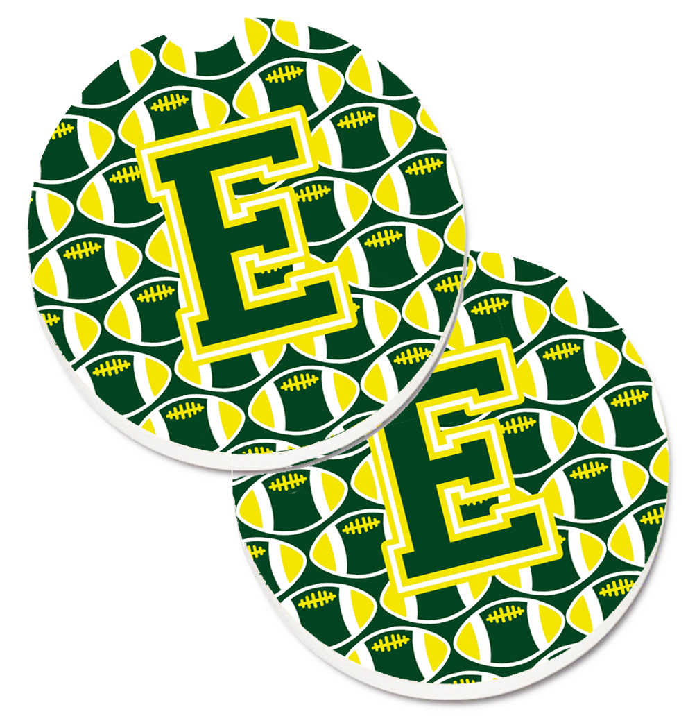 CJ1075-ECARC Letter E Football Green & Yellow Set of 2 Cup Holder Car Coaster