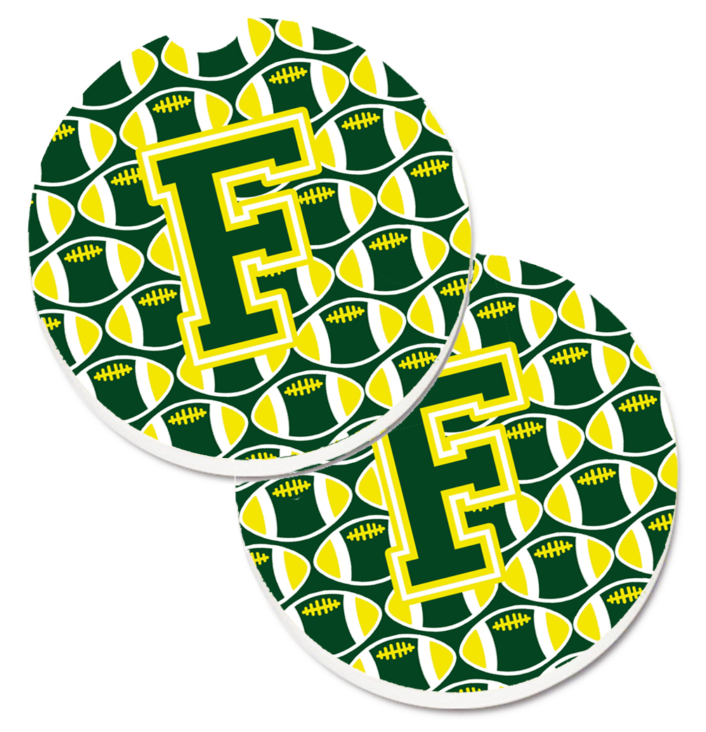 CJ1075-FCARC Letter F Football Green & Yellow Set of 2 Cup Holder Car Coaster