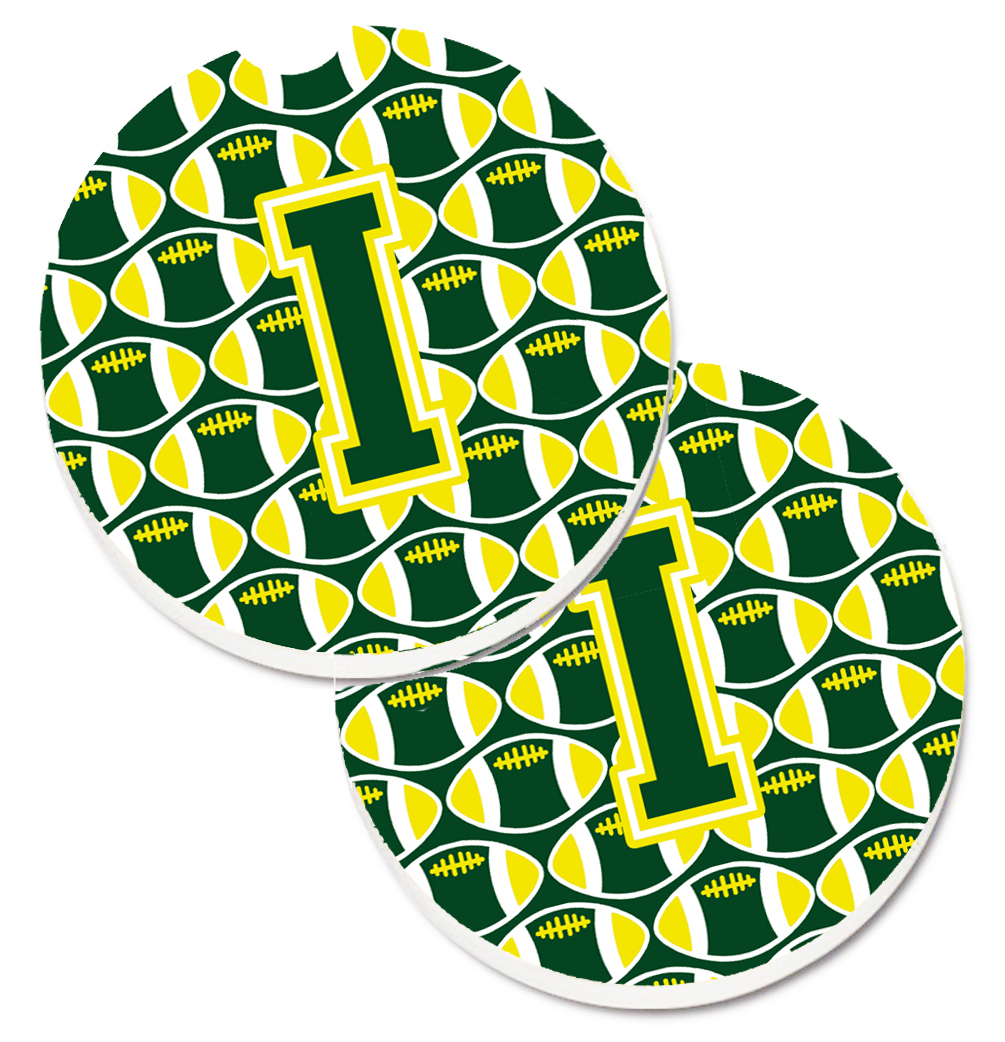 CJ1075-ICARC Letter I Football Green & Yellow Set of 2 Cup Holder Car Coaster