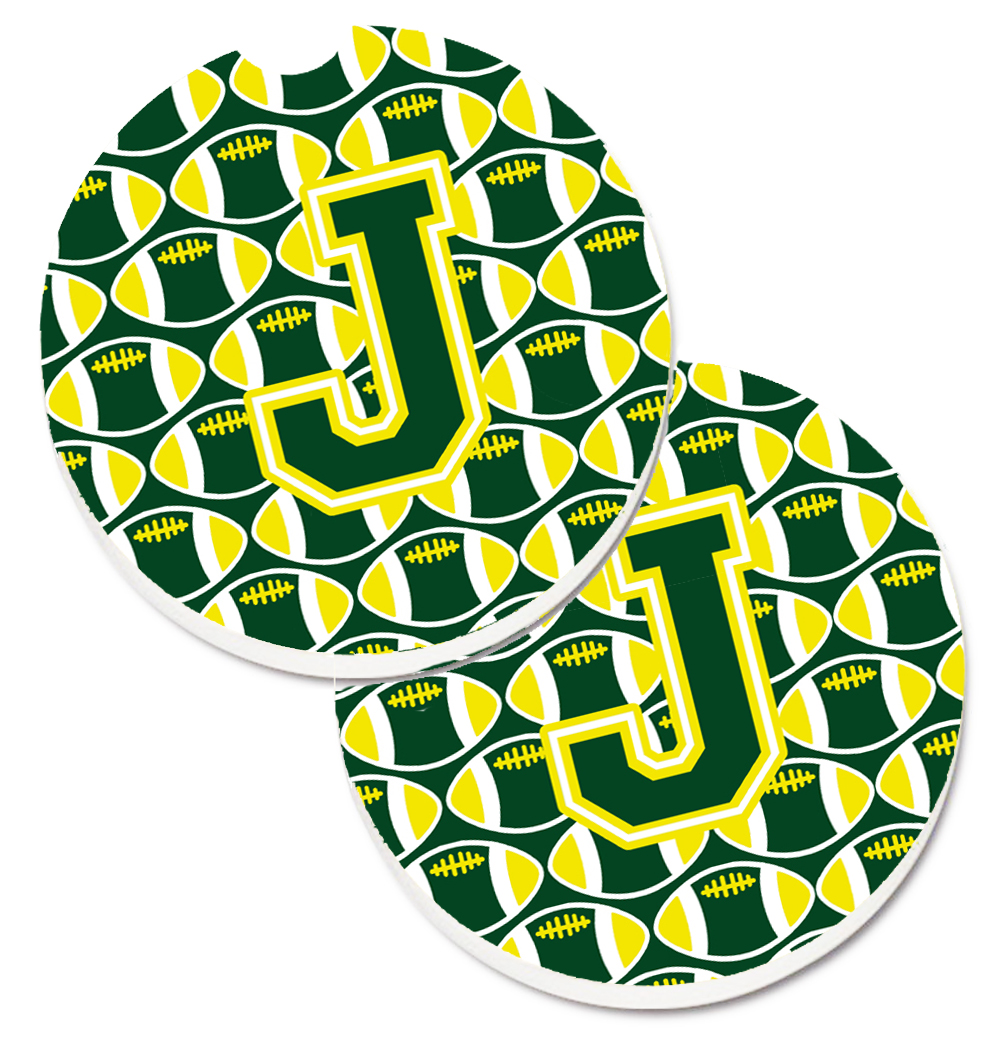 CJ1075-JCARC Letter J Football Green & Yellow Set of 2 Cup Holder Car Coaster