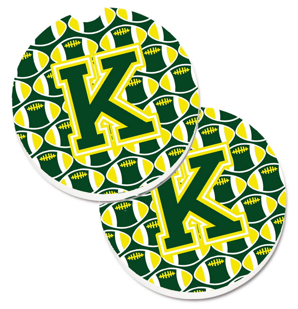 CJ1075-KCARC Letter K Football Green & Yellow Set of 2 Cup Holder Car Coaster