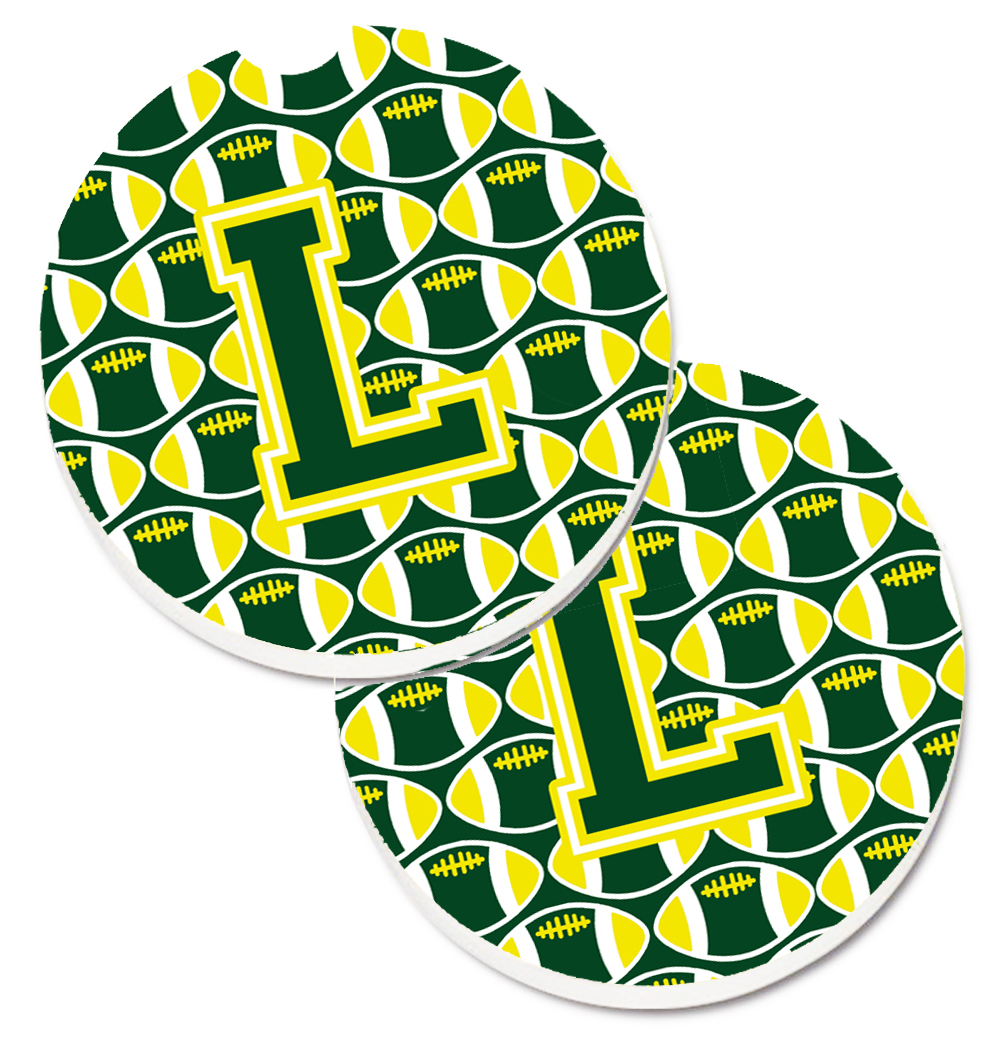 CJ1075-LCARC Letter L Football Green & Yellow Set of 2 Cup Holder Car Coaster