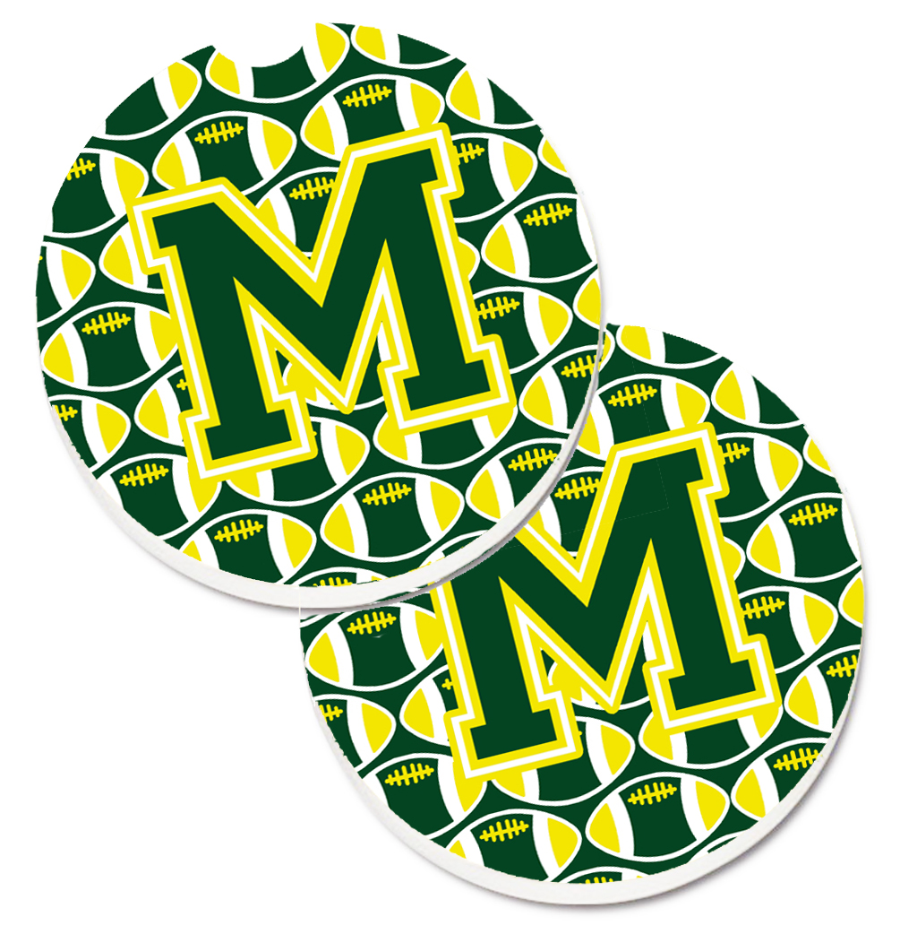 CJ1075-MCARC Letter M Football Green & Yellow Set of 2 Cup Holder Car Coaster