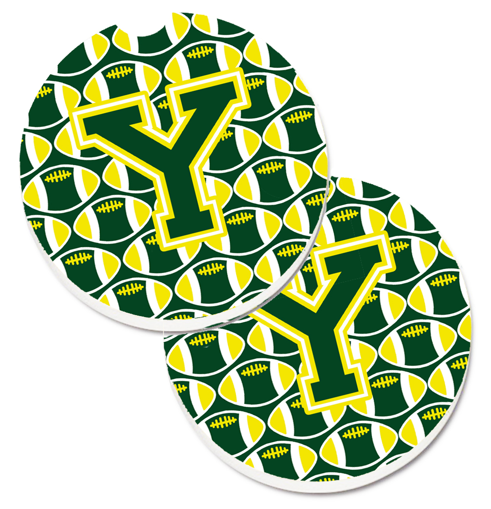 CJ1075-YCARC Letter Y Football Green & Yellow Set of 2 Cup Holder Car Coaster
