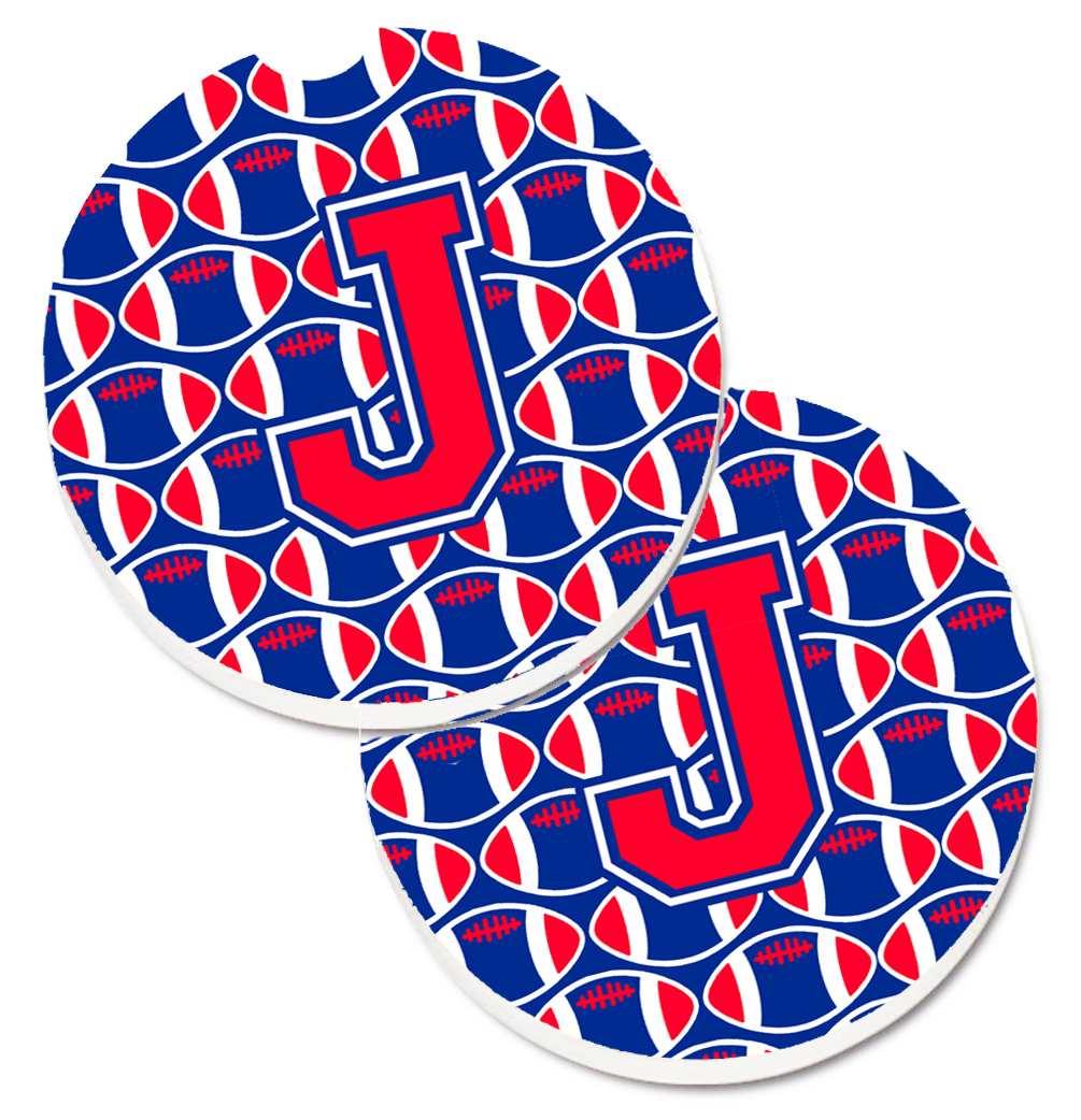 CJ1076-JCARC Letter J Football Harvard Crimson & Yale Blue Set of 2 Cup Holder Car Coaster