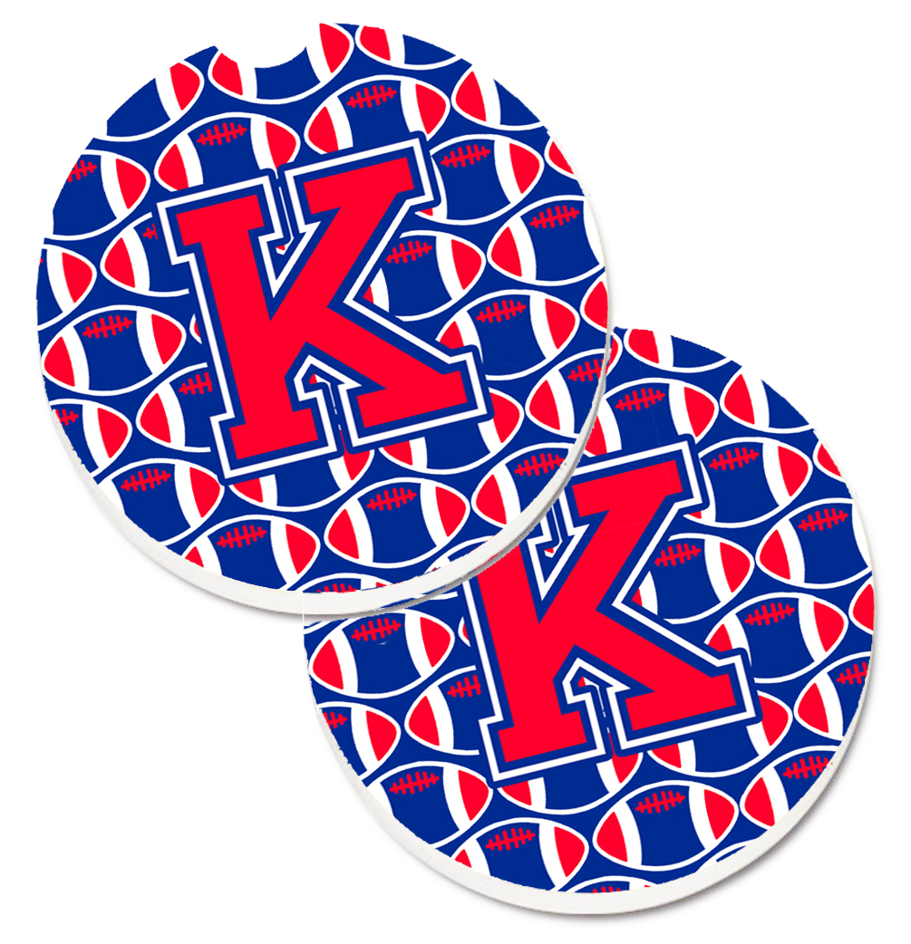 CJ1076-KCARC Letter K Football Harvard Crimson & Yale Blue Set of 2 Cup Holder Car Coaster