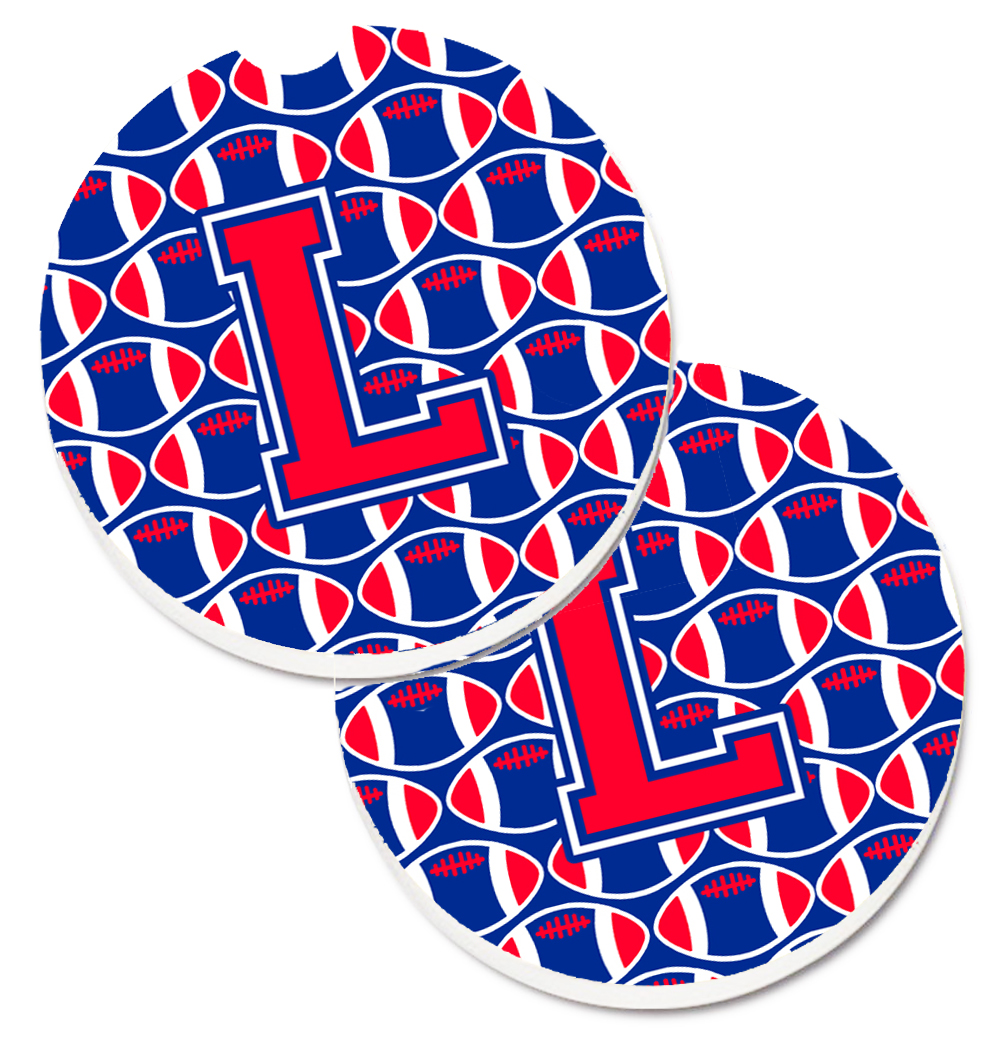 CJ1076-LCARC Letter L Football Harvard Crimson & Yale Blue Set of 2 Cup Holder Car Coaster