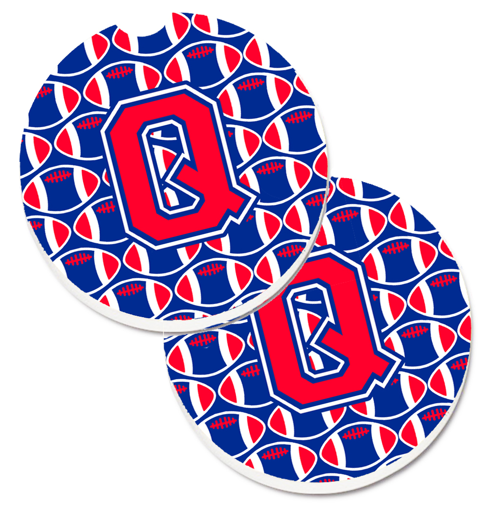 CJ1076-QCARC Letter Q Football Harvard Crimson & Yale Blue Set of 2 Cup Holder Car Coaster