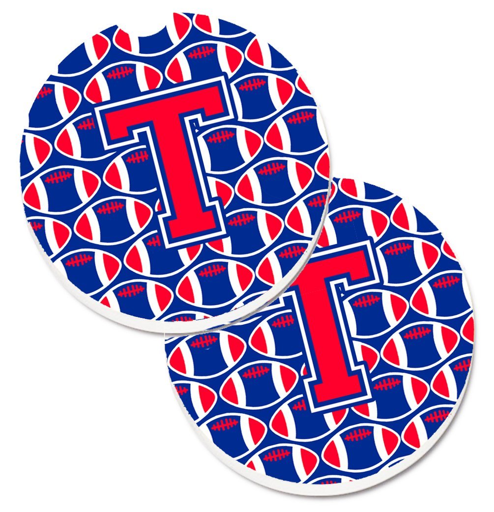 CJ1076-TCARC Letter T Football Harvard Crimson & Yale Blue Set of 2 Cup Holder Car Coaster