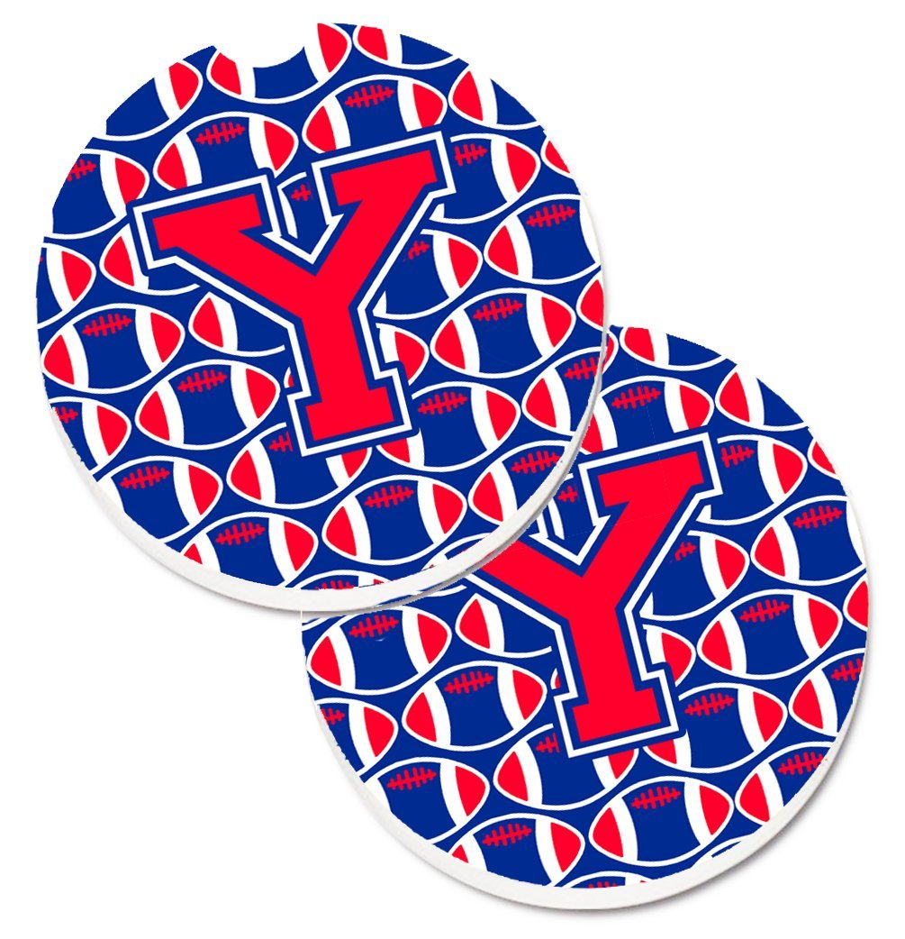 CJ1076-YCARC Letter Y Football Harvard Crimson & Yale Blue Set of 2 Cup Holder Car Coaster
