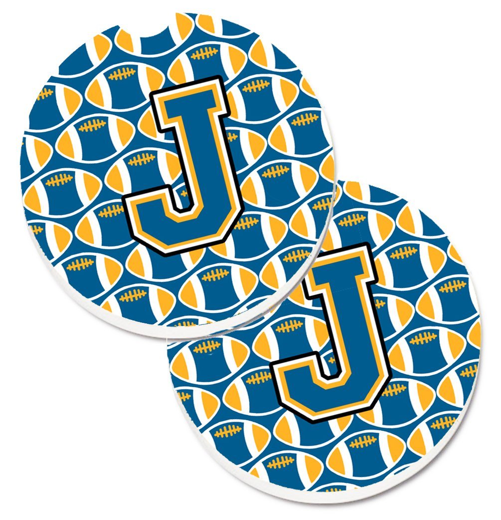 CJ1077-JCARC Letter J Football Blue & Gold Set of 2 Cup Holder Car Coaster