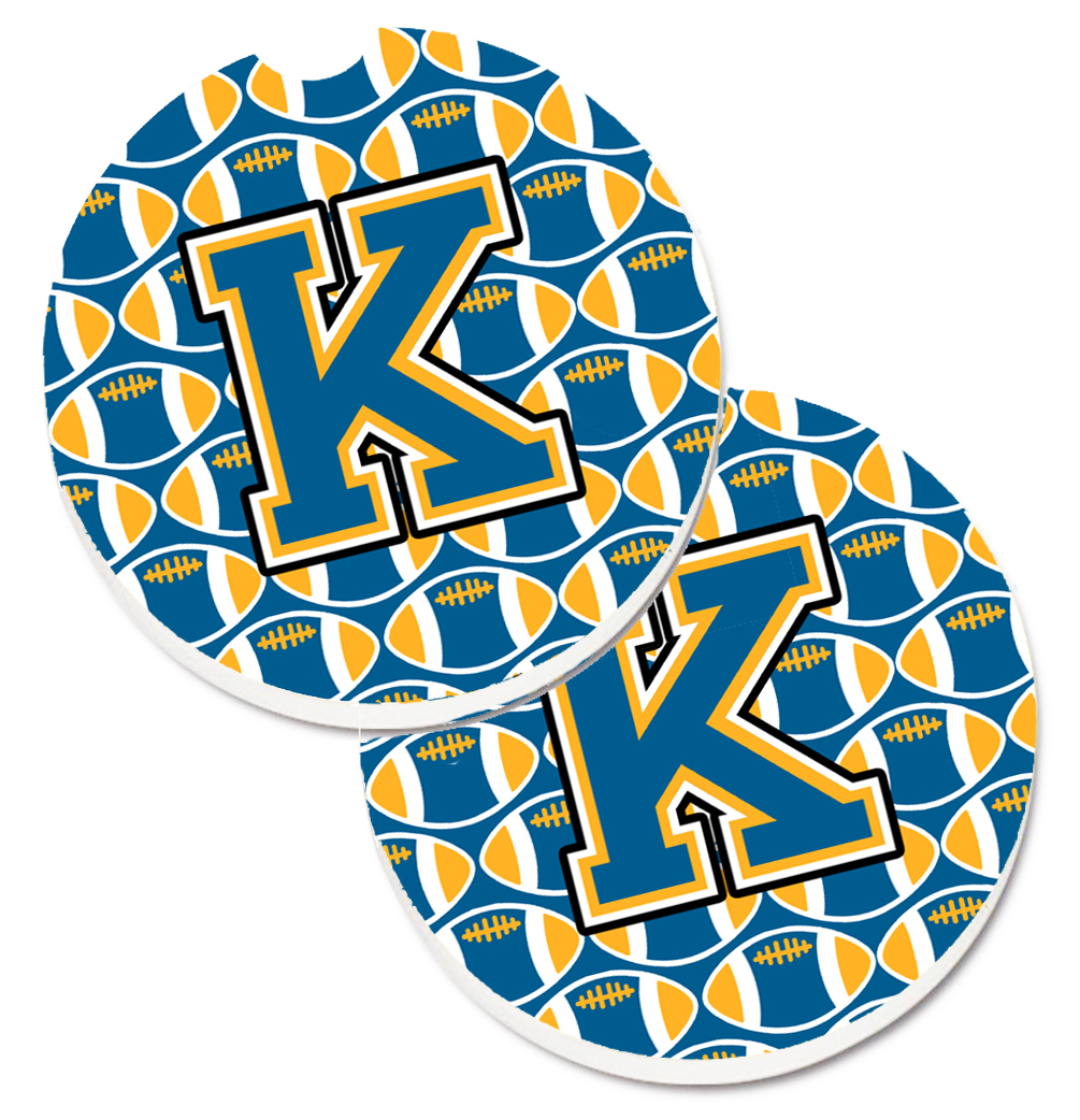 CJ1077-KCARC Letter K Football Blue & Gold Set of 2 Cup Holder Car Coaster