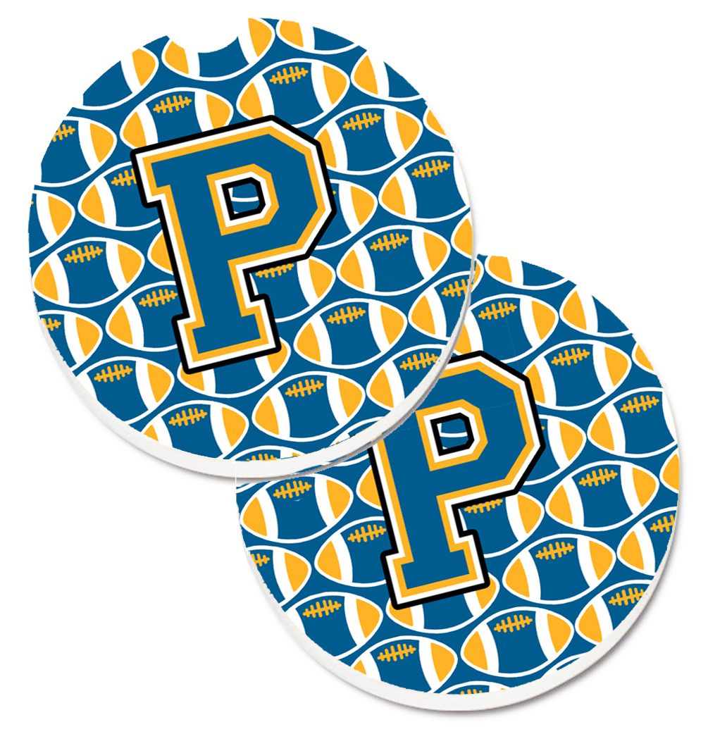 CJ1077-PCARC Letter P Football Blue & Gold Set of 2 Cup Holder Car Coaster