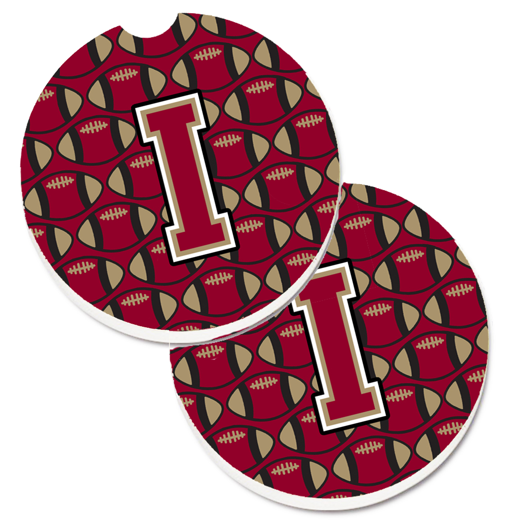 CJ1078-ICARC Letter I Football Garnet & Gold Set of 2 Cup Holder Car Coaster