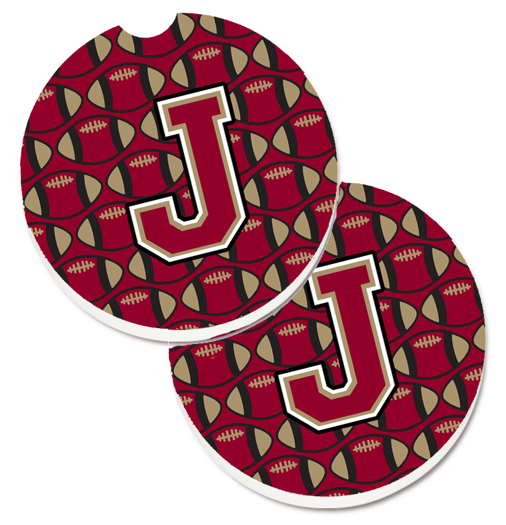 CJ1078-JCARC Letter J Football Garnet & Gold Set of 2 Cup Holder Car Coaster