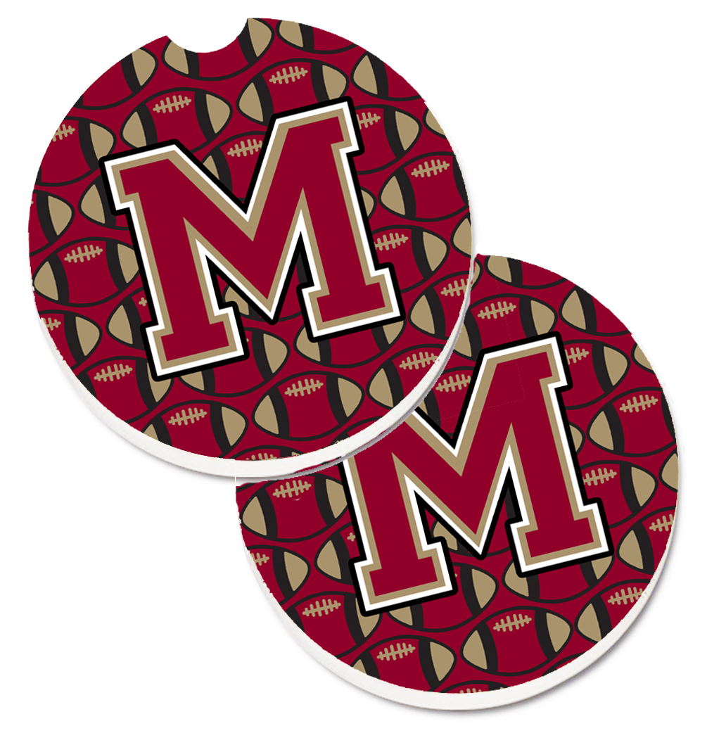 CJ1078-MCARC Letter M Football Garnet & Gold Set of 2 Cup Holder Car Coaster