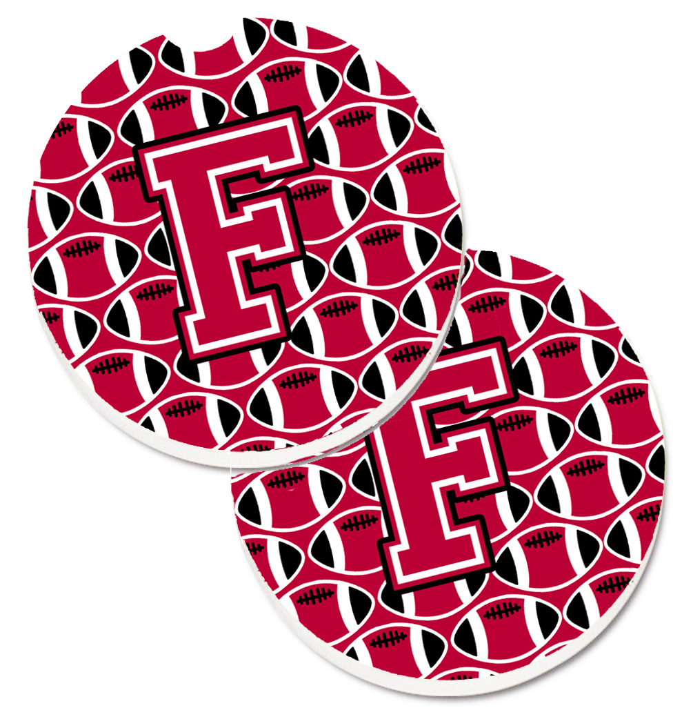 CJ1079-FCARC Letter F Football Crimson & White Set of 2 Cup Holder Car Coaster
