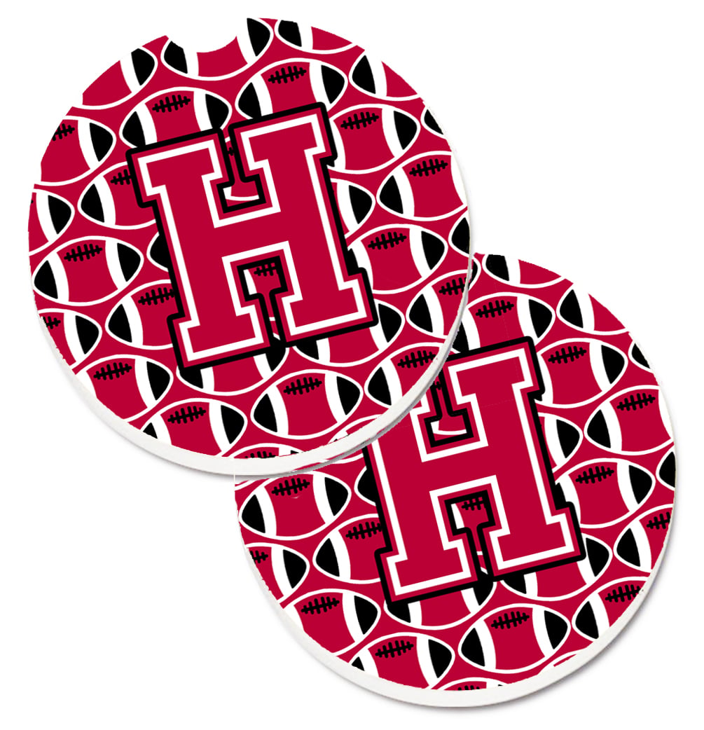 CJ1079-HCARC Letter H Football Crimson & White Set of 2 Cup Holder Car Coaster