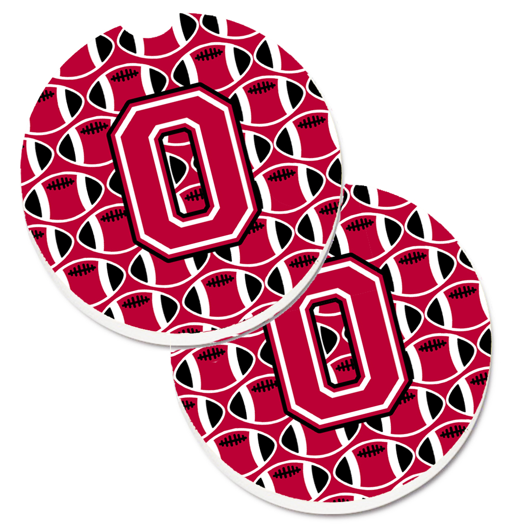 CJ1079-OCARC Letter O Football Crimson & White Set of 2 Cup Holder Car Coaster