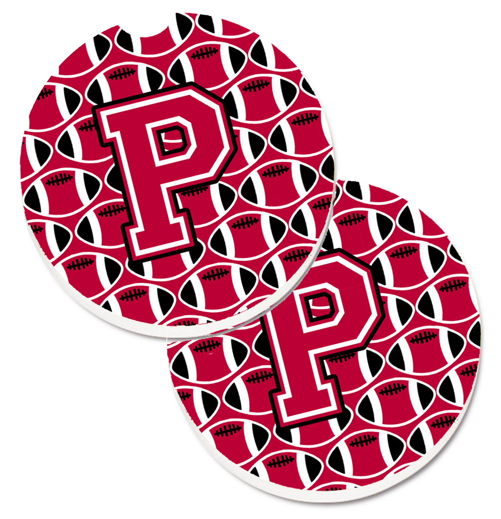CJ1079-PCARC Letter P Football Crimson & White Set of 2 Cup Holder Car Coaster